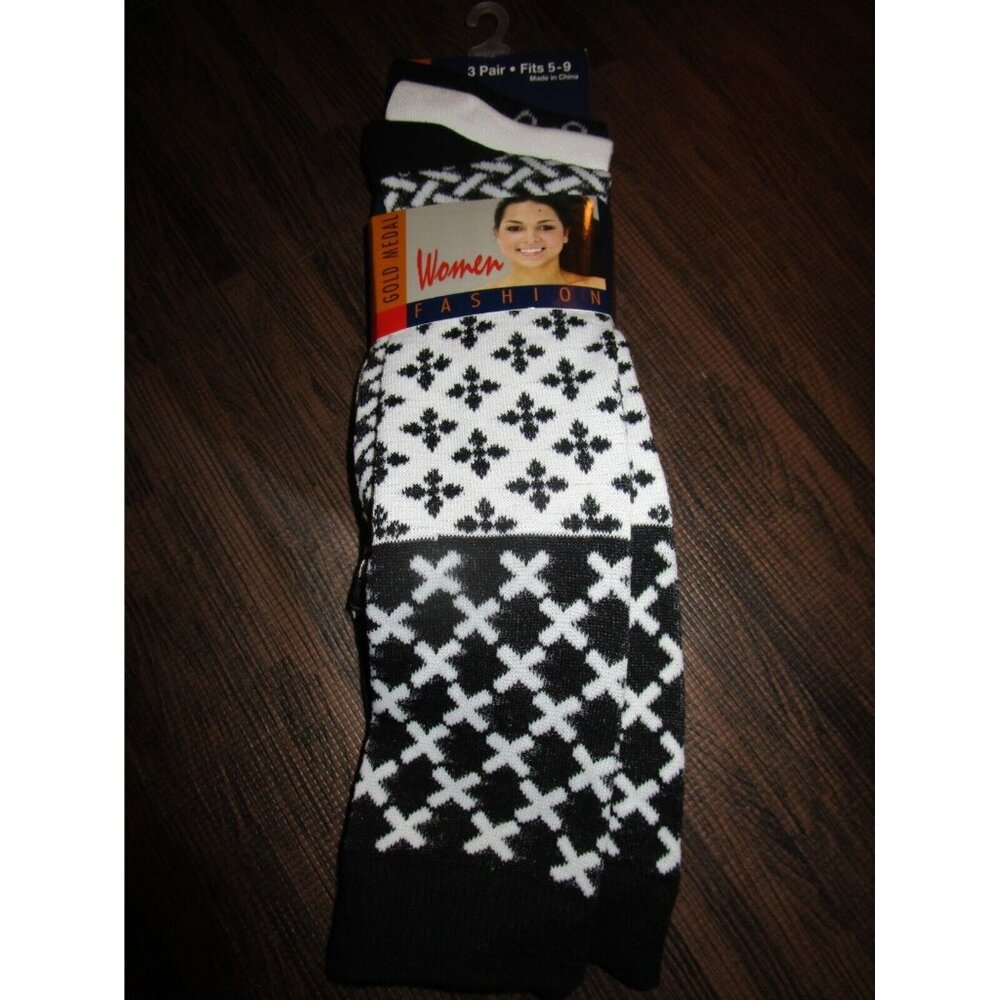 3 Pair Womens Medium Gold Medal Knee High Socks Soft Durable Black White 9-11